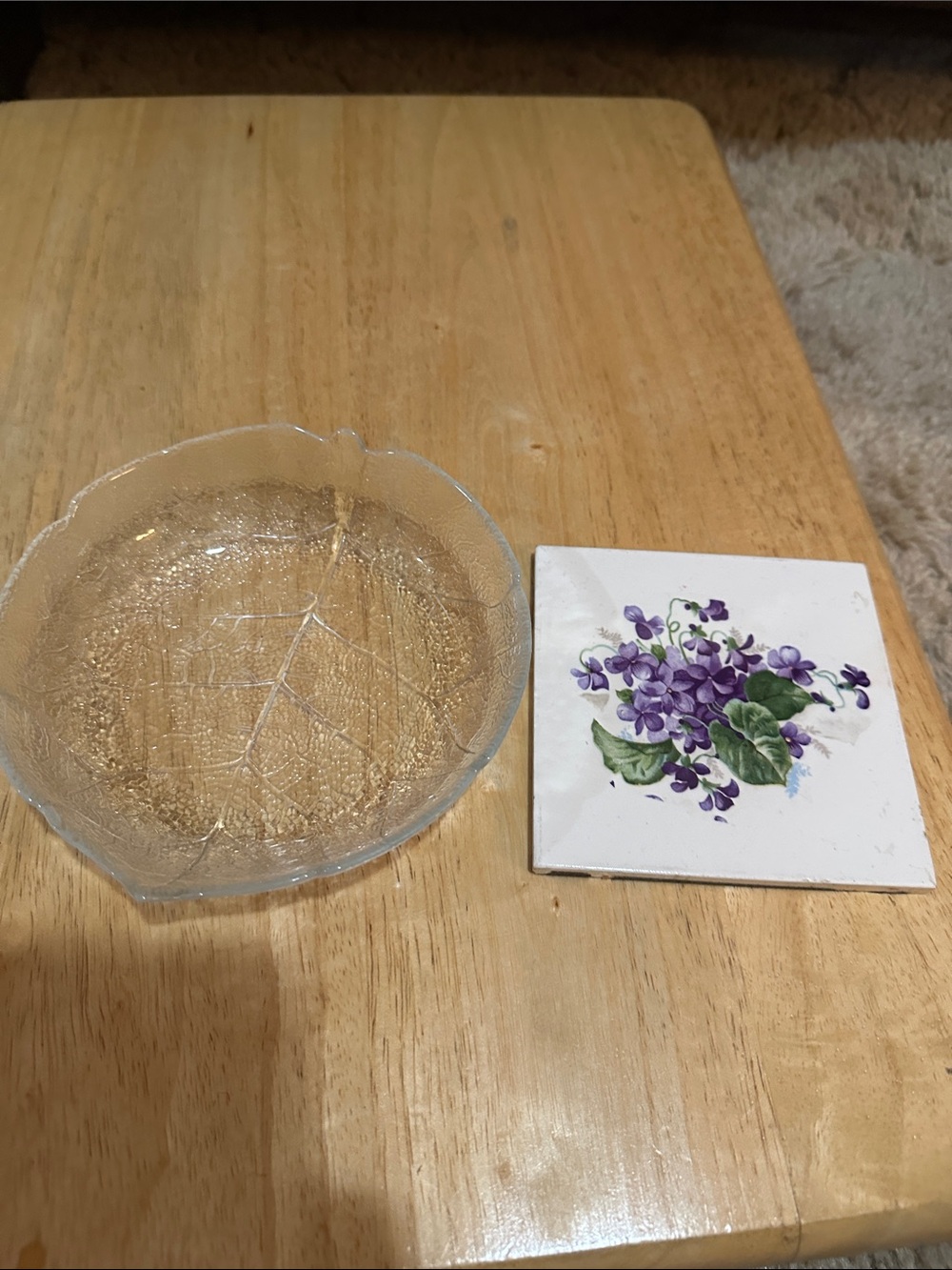 Glass Leaf Dish with Purple Floral Ceramic Tile